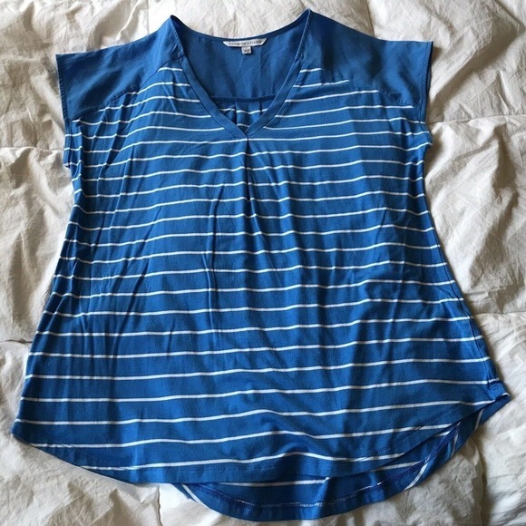 Adrienne Vittadini Blouse SzL Blue Stripe Contrast Yoke Cap Sleeves Pleat Back - Picture 4 of 8